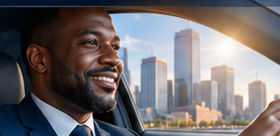 Smiling independent driver at the wheel with a city skyline outside