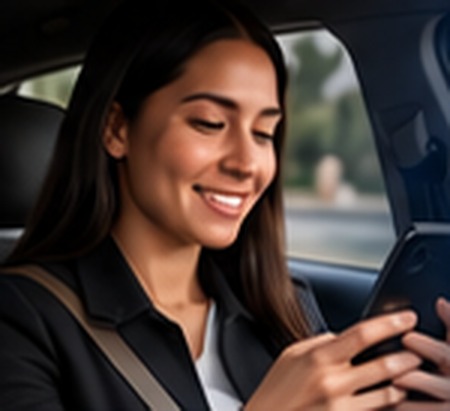 Smiling rider booking a trip on her phone in the back seat