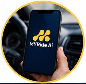 A hand holding a phone showing the MyRide AI app in a car