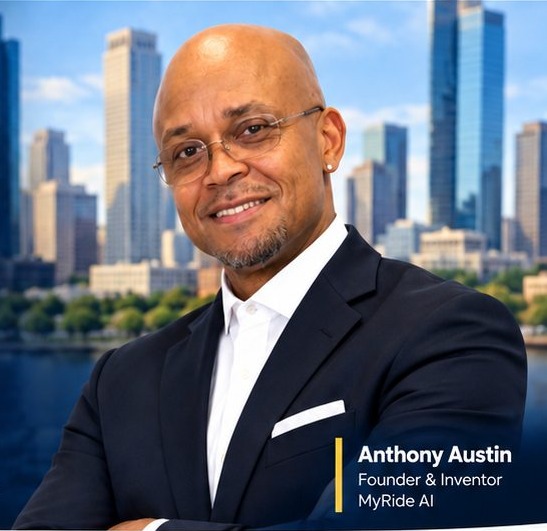Anthony Austin, founder of MyRide AI, in front of a city skyline